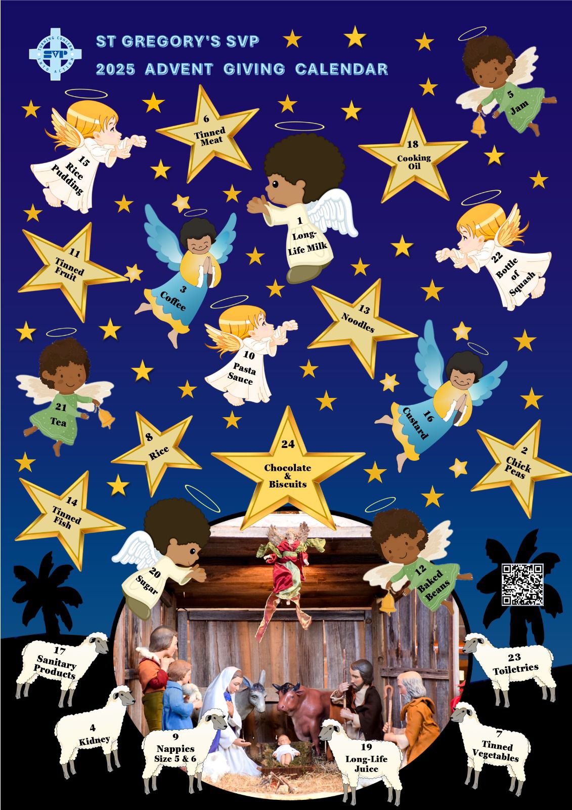 A Christmas tree with baubles, each displaying an item that the food bank needs.